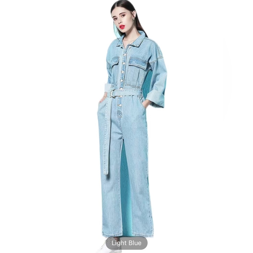 Blue Denim Jumsuit, Long Sleeve Flap Pockets. Closure Button